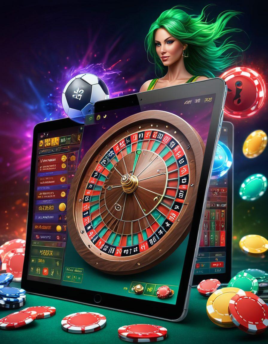 A lively online betting interface with a sleek, modern theme featuring casino elements like roulette, poker chips, and a deck of cards on one side, and sports elements like soccer balls, basketballs, and racehorses on the other side. The background should evoke a sense of excitement and thrill, with vibrant colors and dynamic lighting effects, giving it a high-energy vibe. super-realistic. vibrant colors.