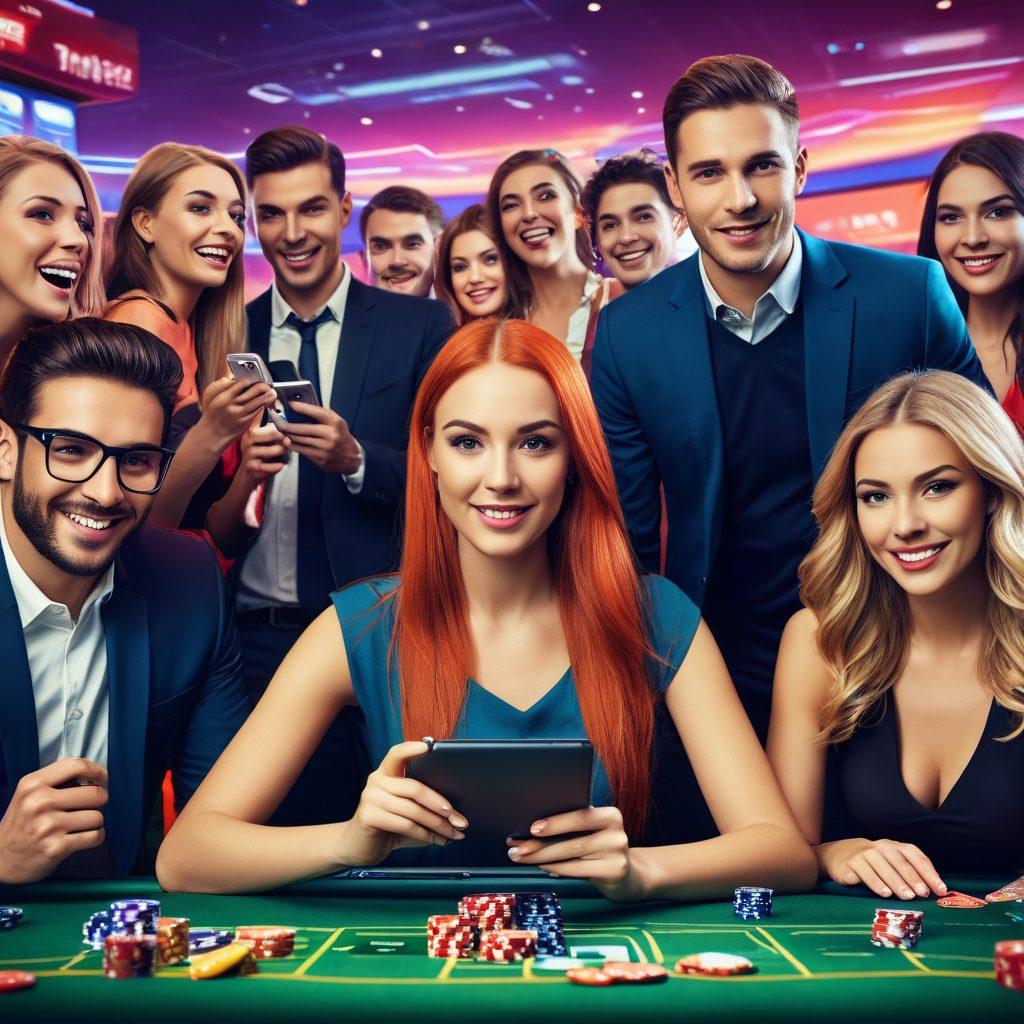 A dynamic scene featuring a diverse group of people engaging with multiple digital devices showcasing Suribet's online betting platform. Elements include sports betting, casino games, lottery tickets, and live betting updates, all seamlessly integrated. Highlight the vibrant interface and excitement on users' faces. super-realistic. vibrant colors.
