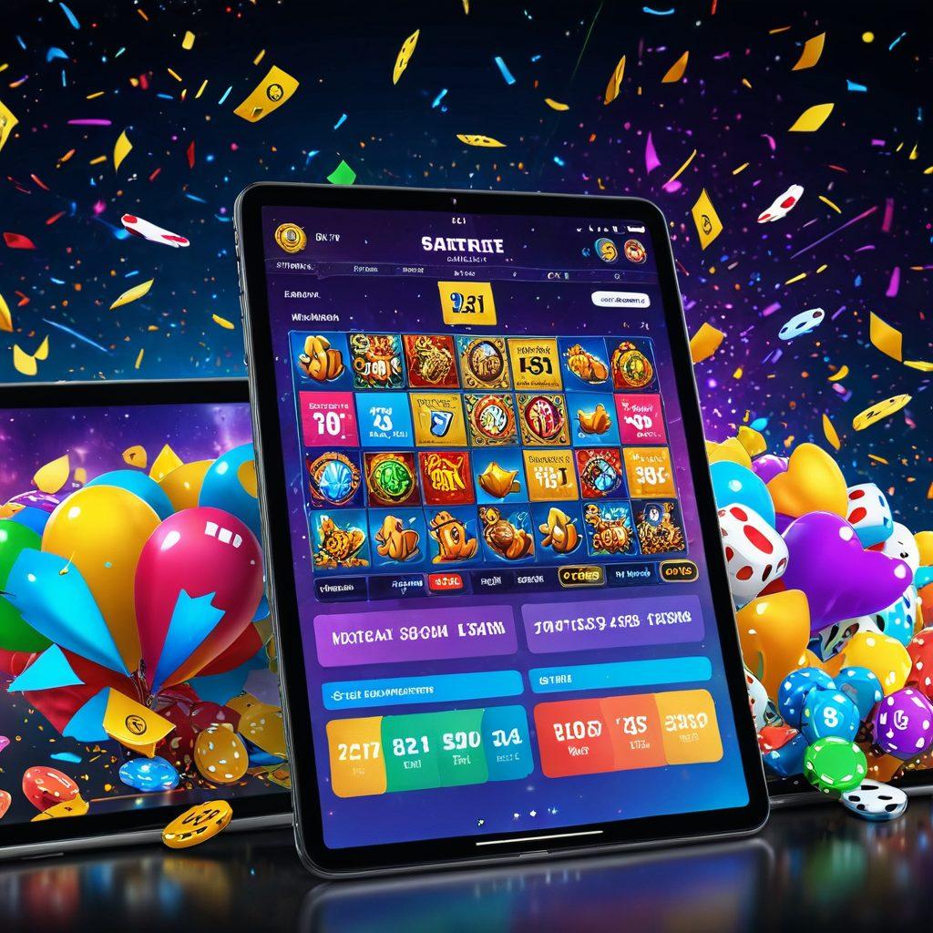 A dynamic scene showcasing a vibrant digital betting experience with a diverse range of interactive games and colorful lottery tickets. The image should feature excited users on various devices (smartphones, tablets, desktops) engaging with the games in a seamless, interconnected network. Highlight the thrill with confetti and winning reactions. Vibrant colors. super-realistic.